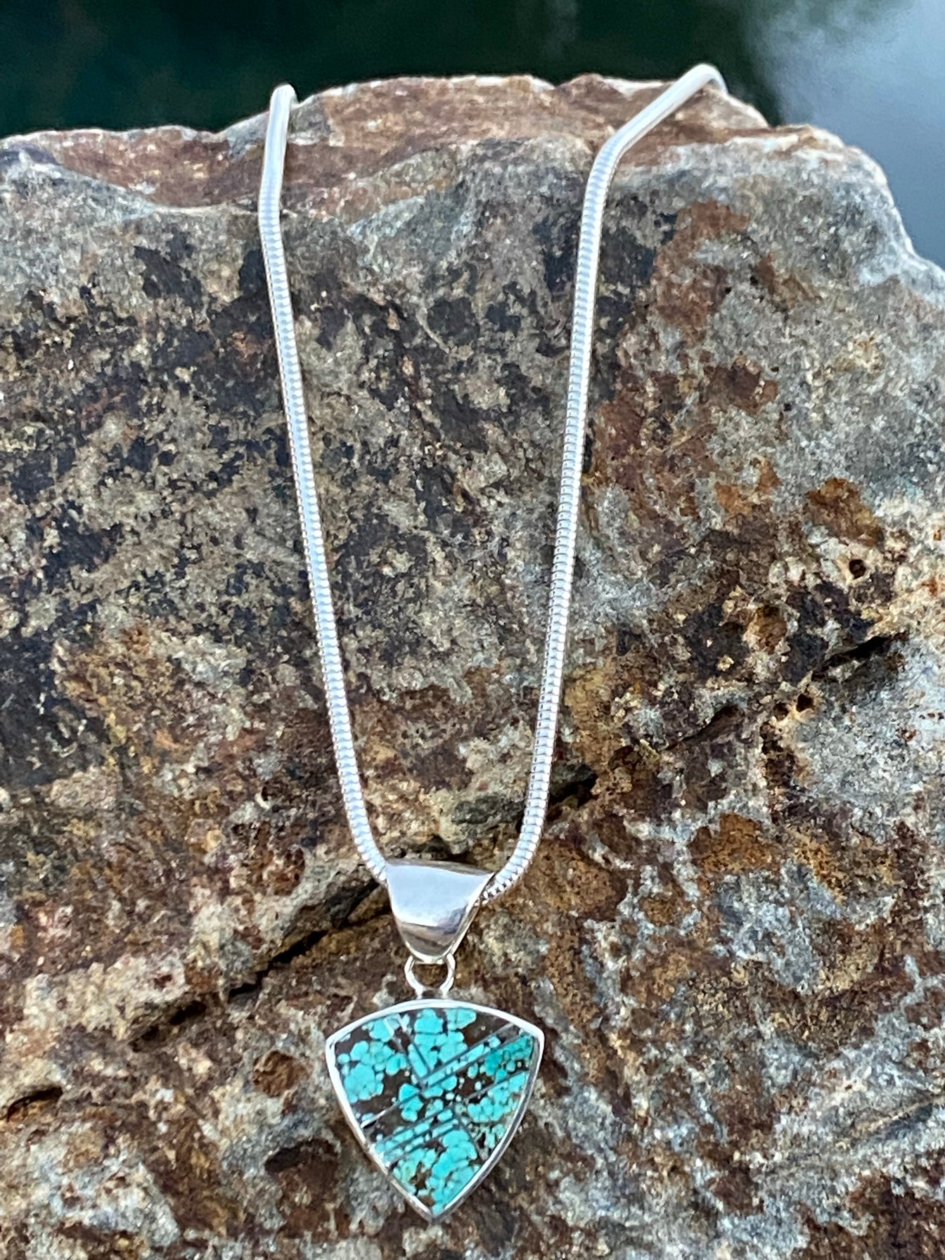 Spider Web Turquoise #8 Triangle Pendant & Sterling Silver Chain