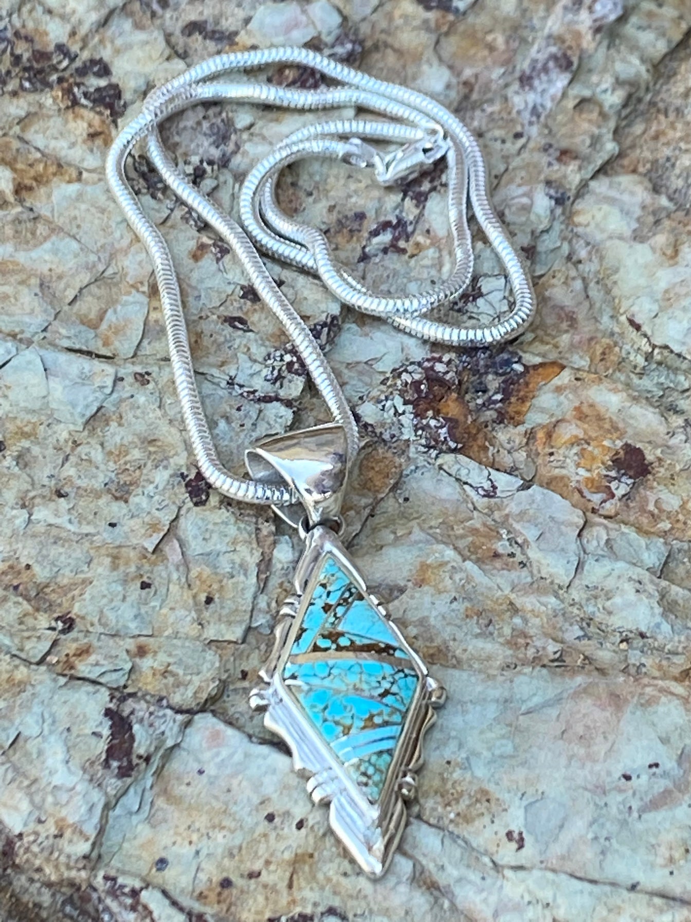 Spider Web Turquoise #8 Jagged Diamond Pendant & Sterling Silver Chain
