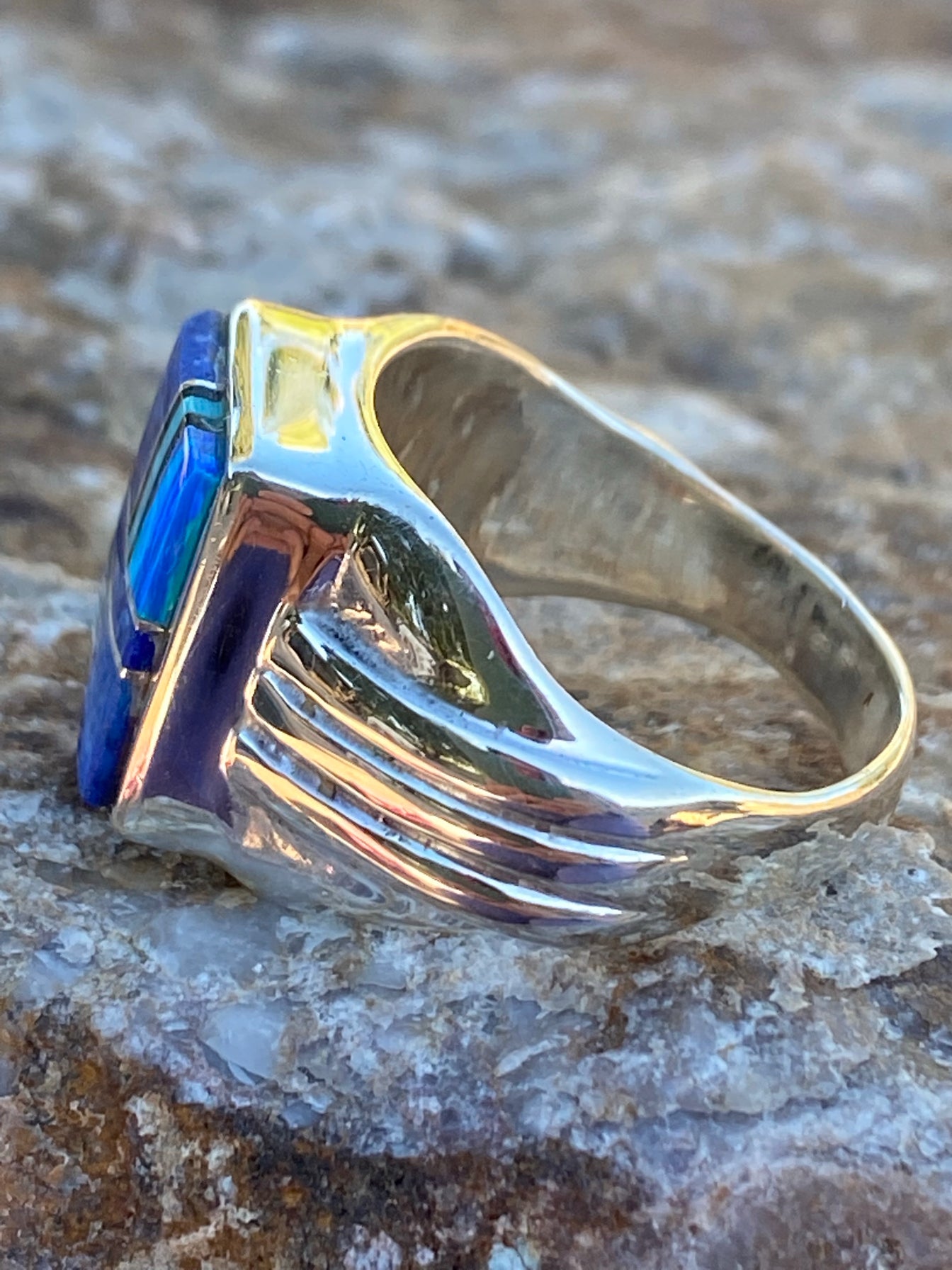 Navajo Lapis, Turquoise, Blue Opal Signet Ring Size 10