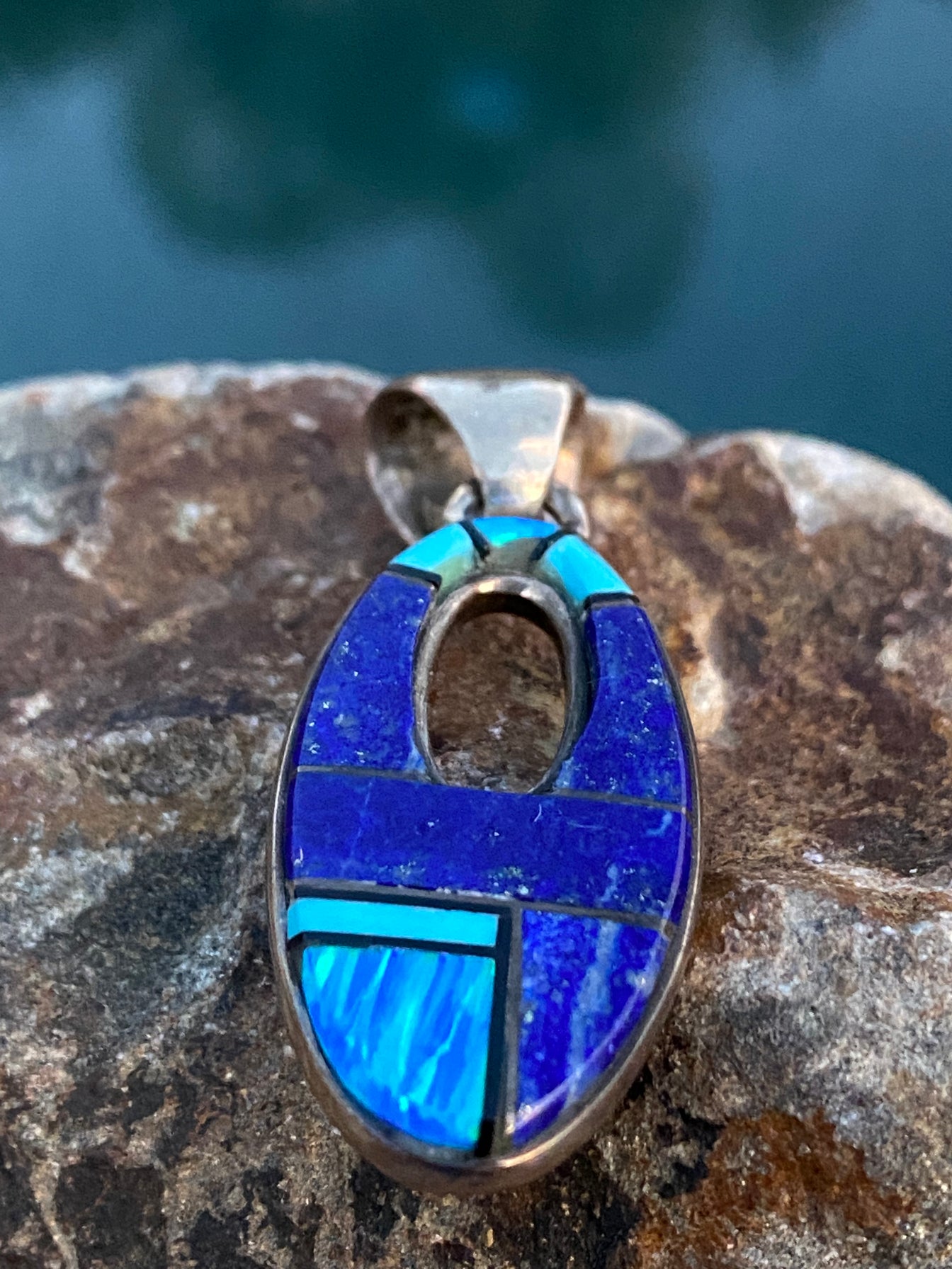 Navajo Lapis, Turquoise, Blue Opal Pendant & 18" Sterling Silver Chain