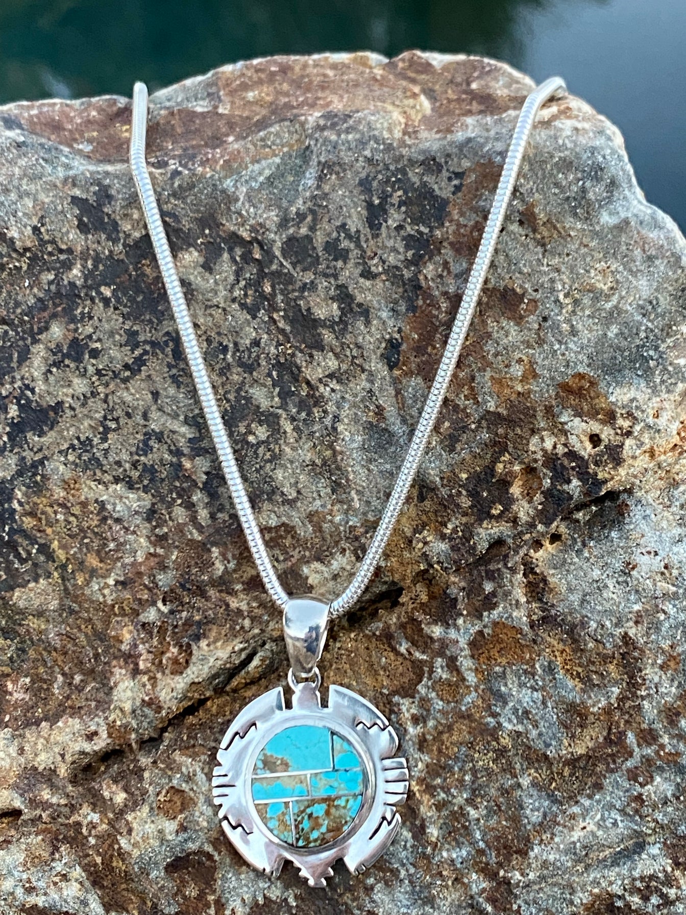 Spider Web Turquoise #8 Pointed Jagged Circle Pendant & Sterling Silver Chain