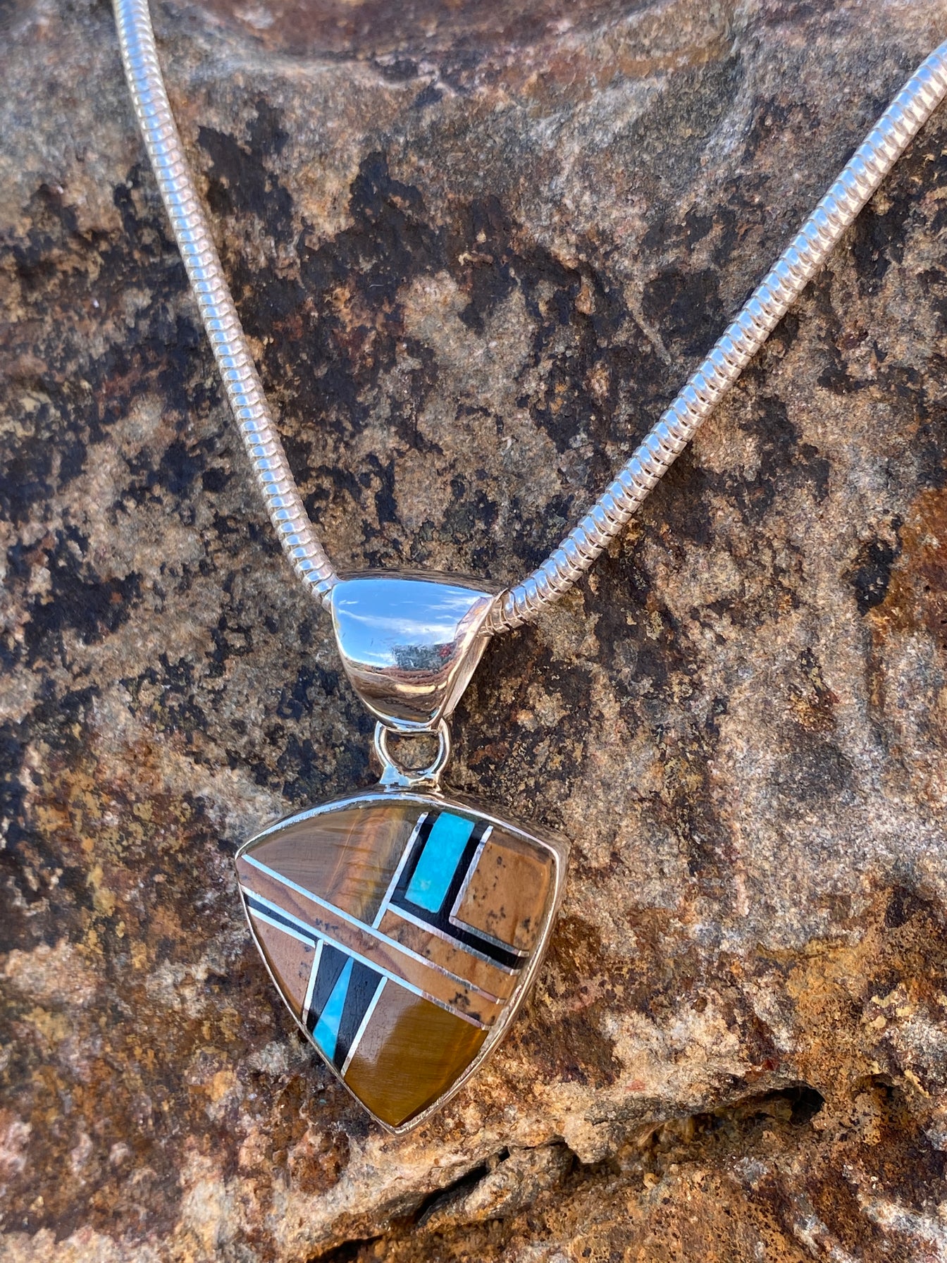 Navajo Turquoise, Onyx, Petrified Wood & Sterling Silver Triangle Pendant with Sterling Silver Chain