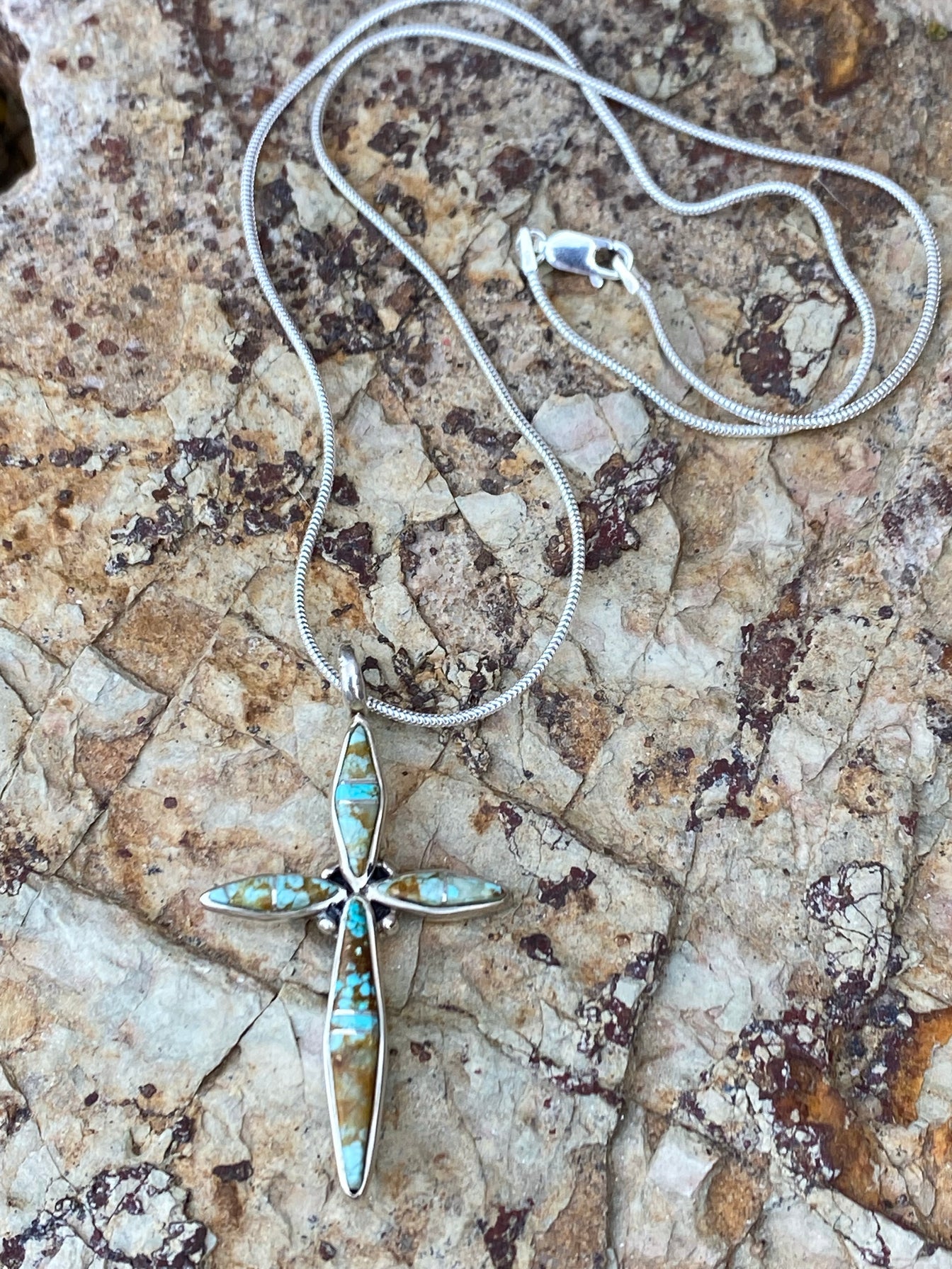 Spider Web Turquoise #8 Cross Pendant & Sterling Silver Chain