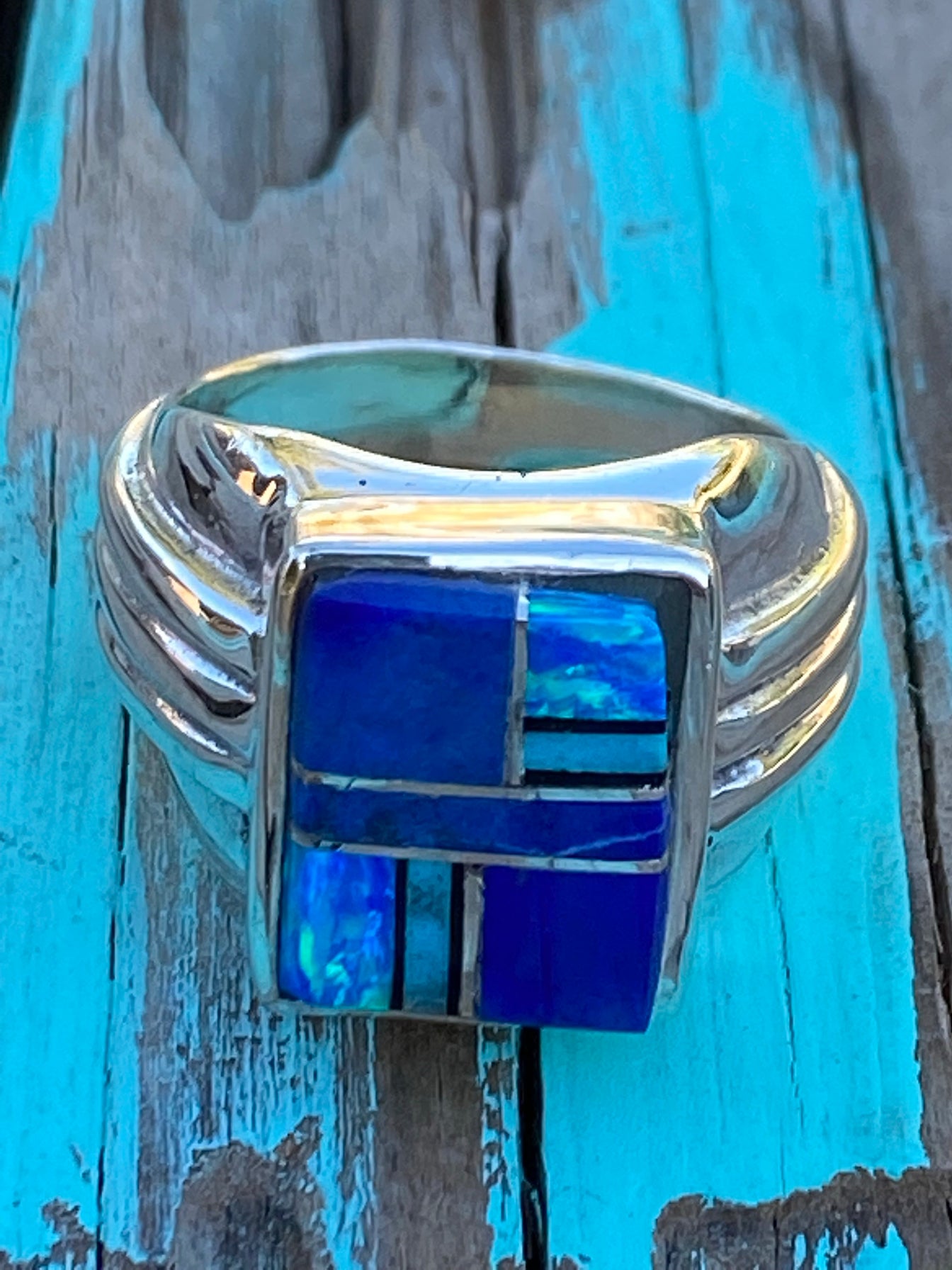 Navajo Lapis, Turquoise, Blue Opal Signet Ring Size 8.25
