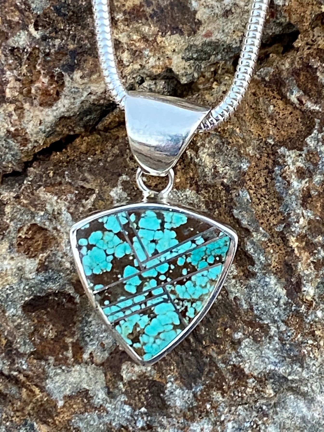 Spider Web Turquoise #8 Triangle Pendant & Sterling Silver Chain