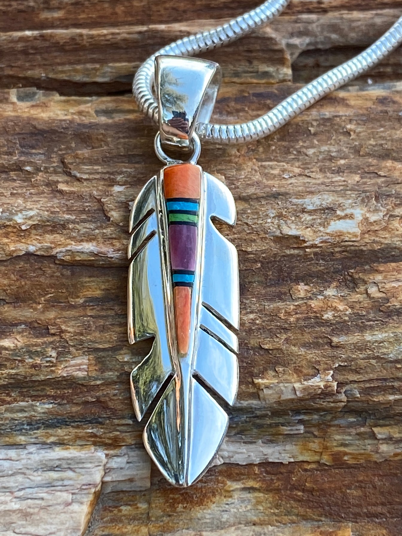 Rainbow Feather Pendant & Sterling Silver Chain
