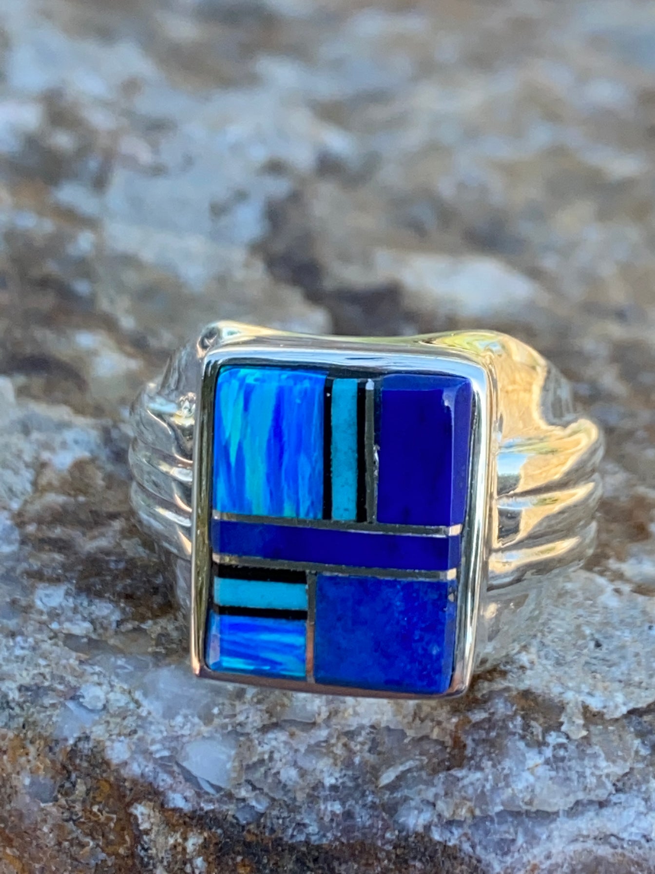 Navajo Lapis, Turquoise, Blue Opal Signet Ring Size 9