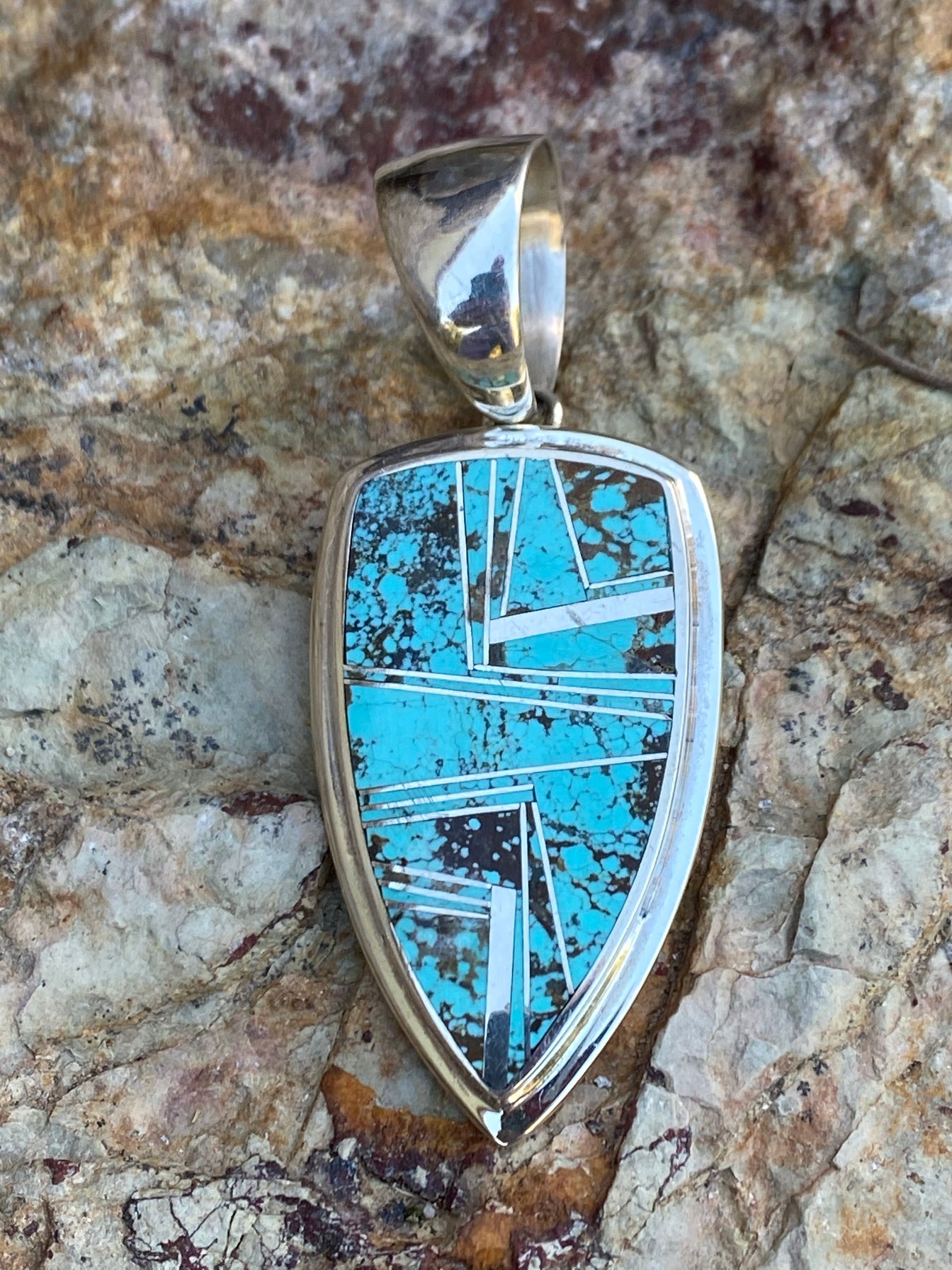 Spider Web Turquoise #8 & Sterling Silver Shield Pendant & Sterling Silver Chain 