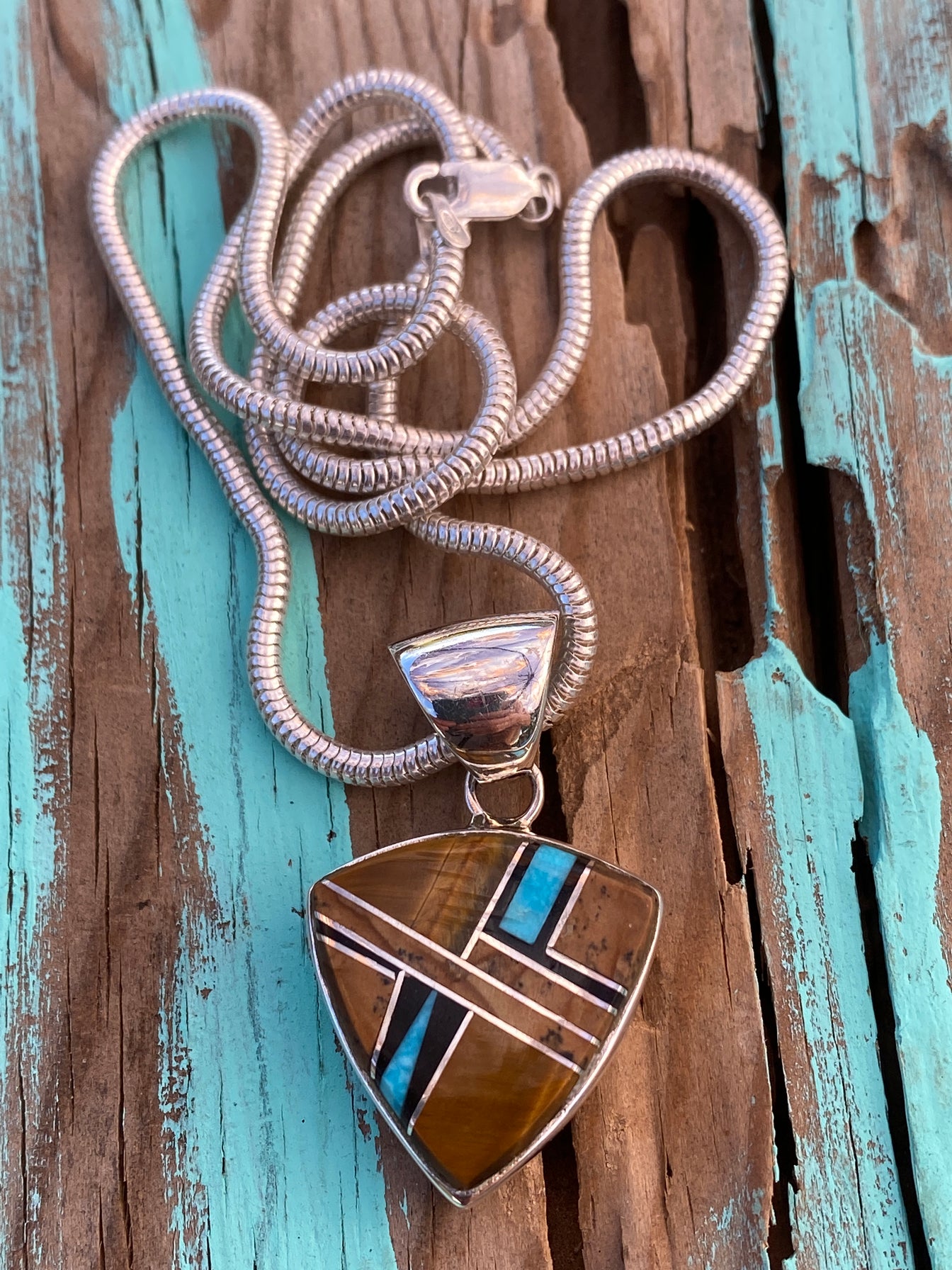 Navajo Turquoise, Onyx, Petrified Wood & Sterling Silver Triangle Pendant with Sterling Silver Chain