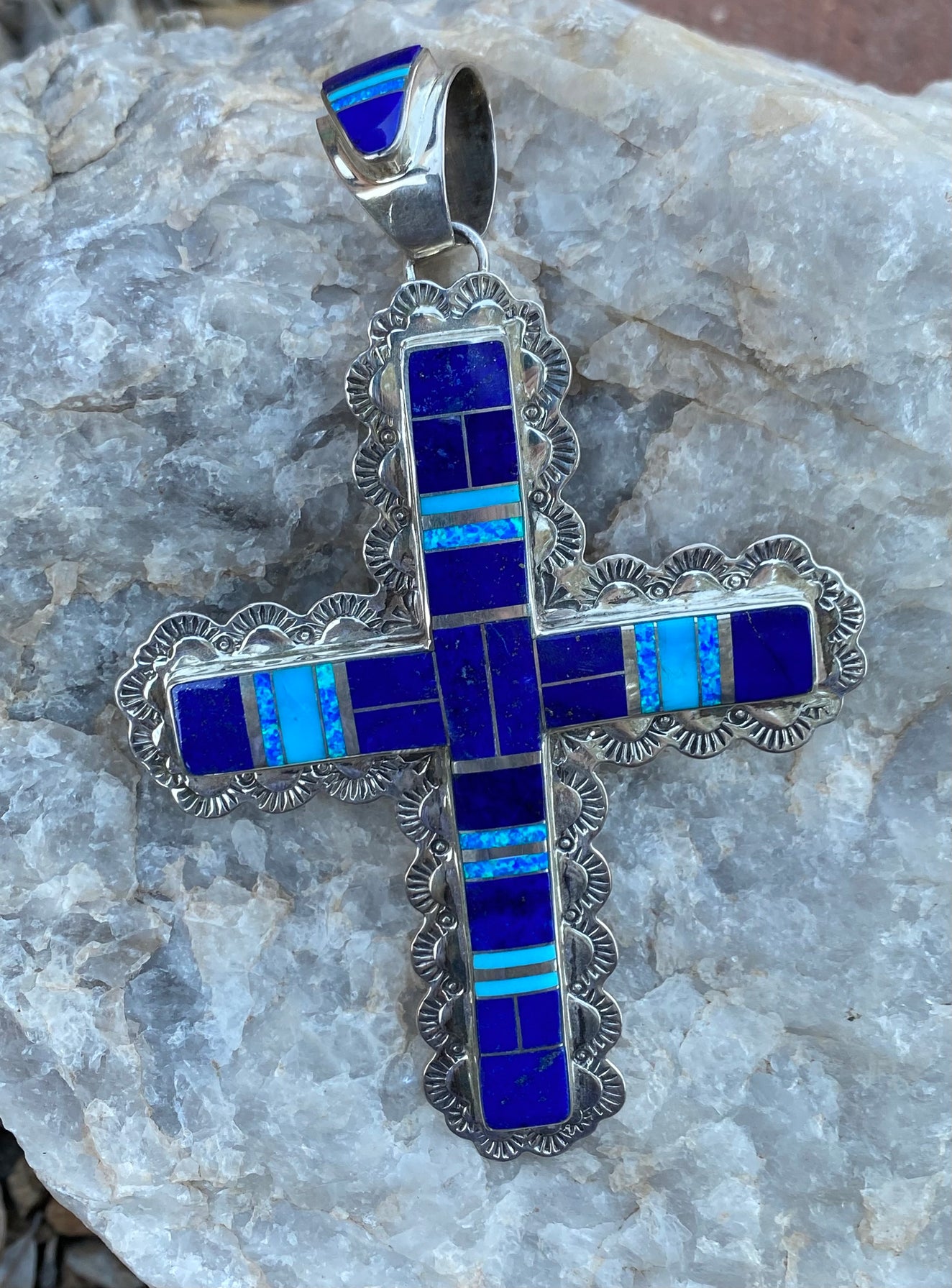 Navajo Lapis, Turquoise, Blue Opal Cross Pendant