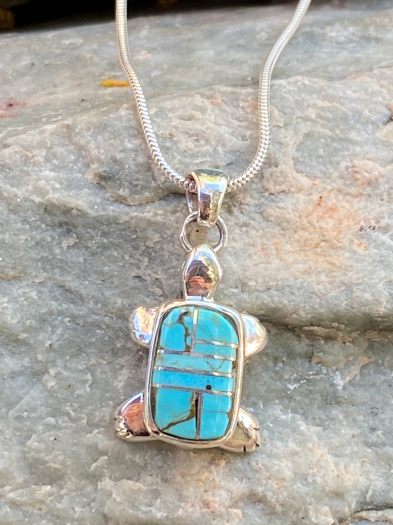 Spider Web Turquoise #8 Turtle Pendant & Sterling Silver Chain