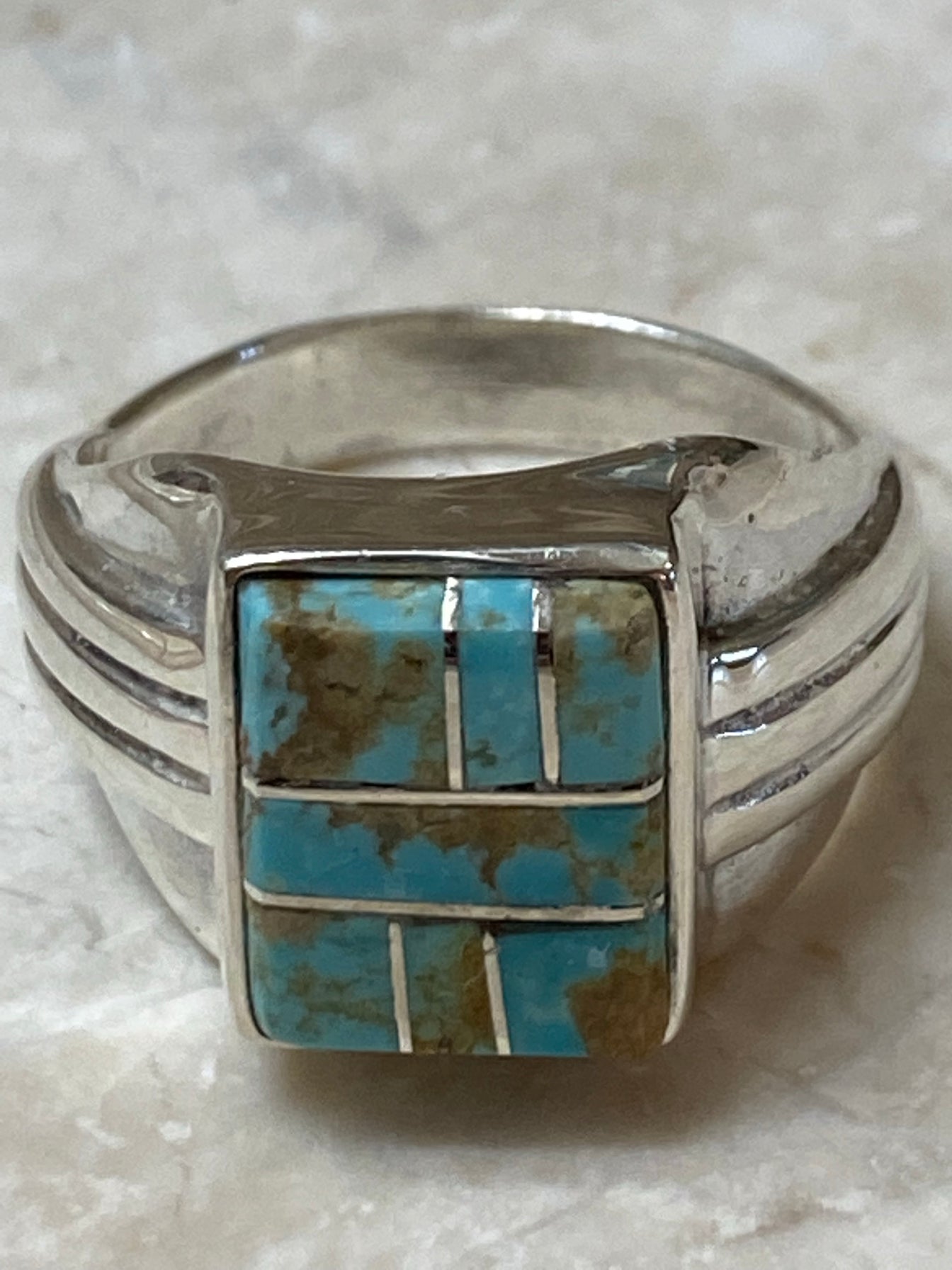 Spider Web Turquoise #8 & Sterling Silver Rectangle Signet Ring Size 8.25