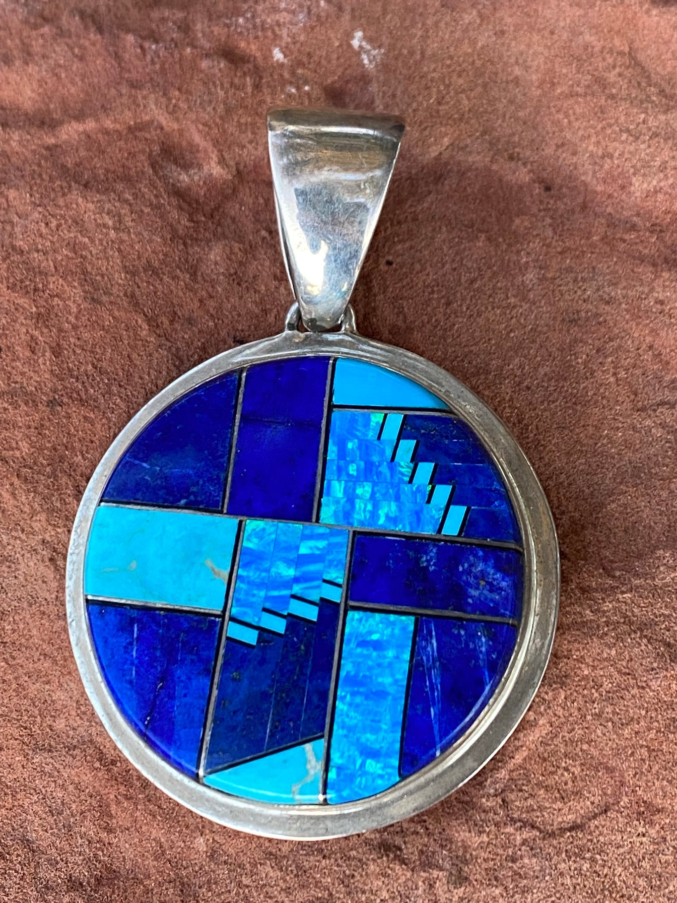 Navajo Lapis, Turquoise, Blue Opal Large Circle Pendant