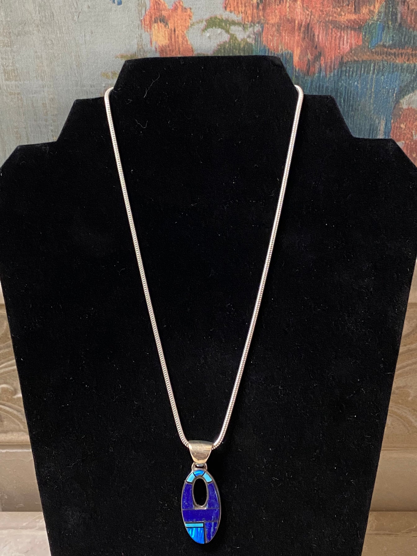 Navajo Lapis, Turquoise, Blue Opal Pendant & 18" Sterling Silver Chain