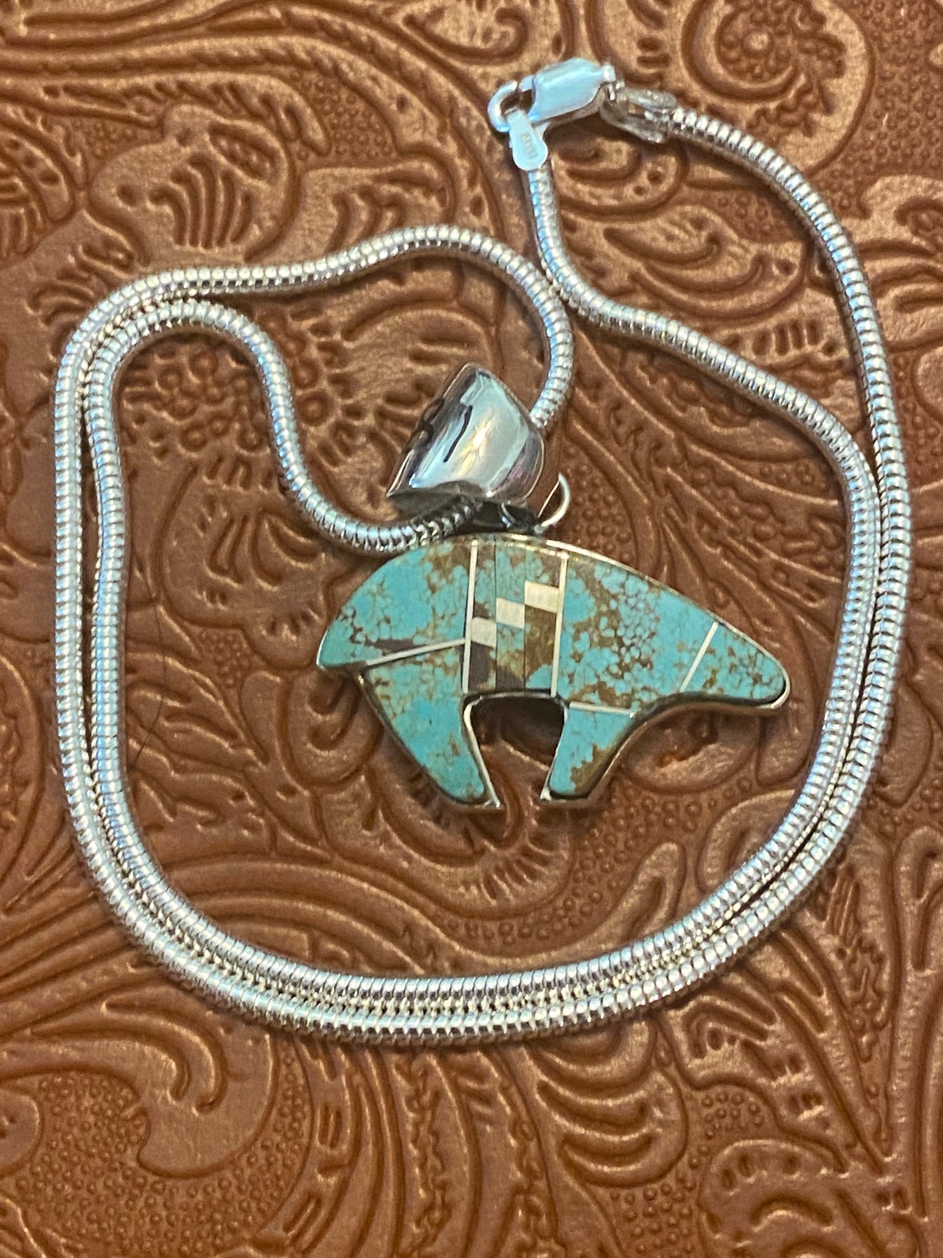 Spider Web Turquoise #8 Bear Pendant & Sterling Silver Chain 