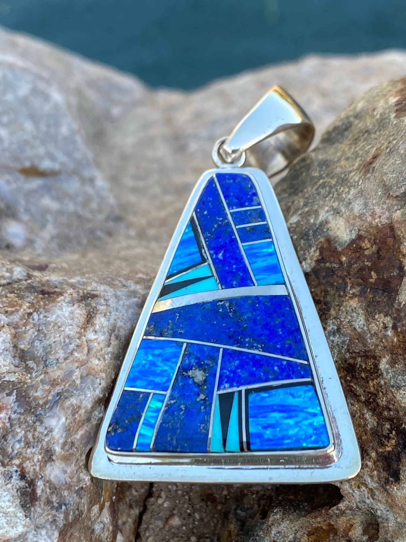 Navajo Lapis, Turquoise, Blue Opal Large Triangle Pendant