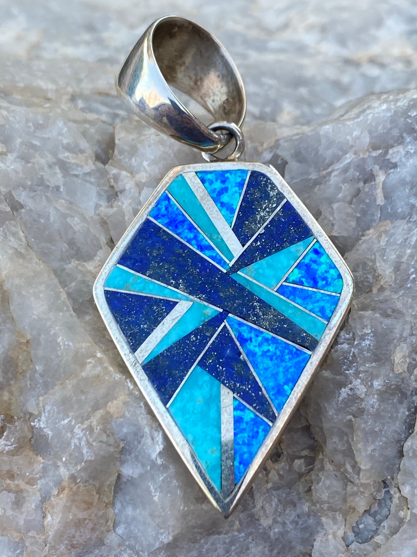 Navajo Lapis, Turquoise, Blue Opal Shield Pendant