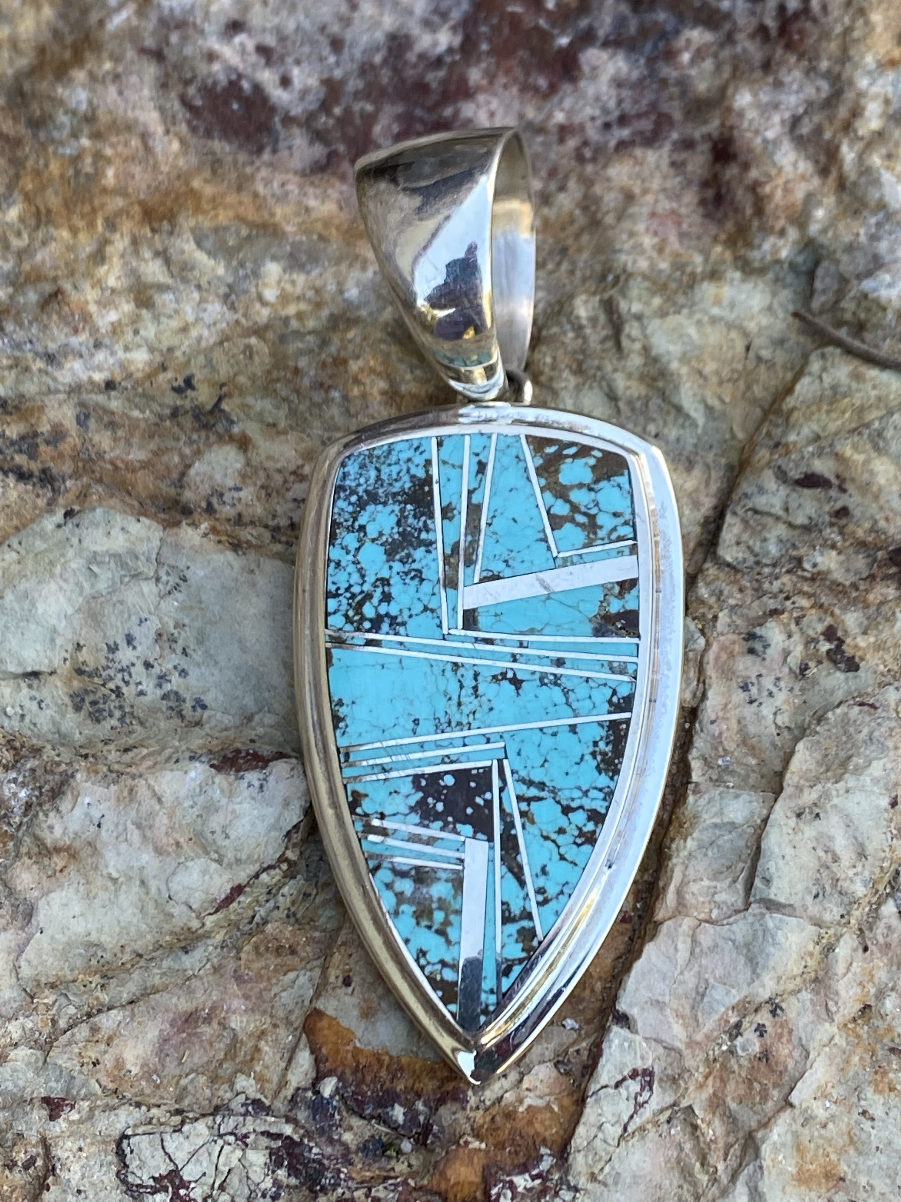 Spider Web Turquoise 8 & Sterling Silver Shield Pendant & Sterling Silver Chain Necklace