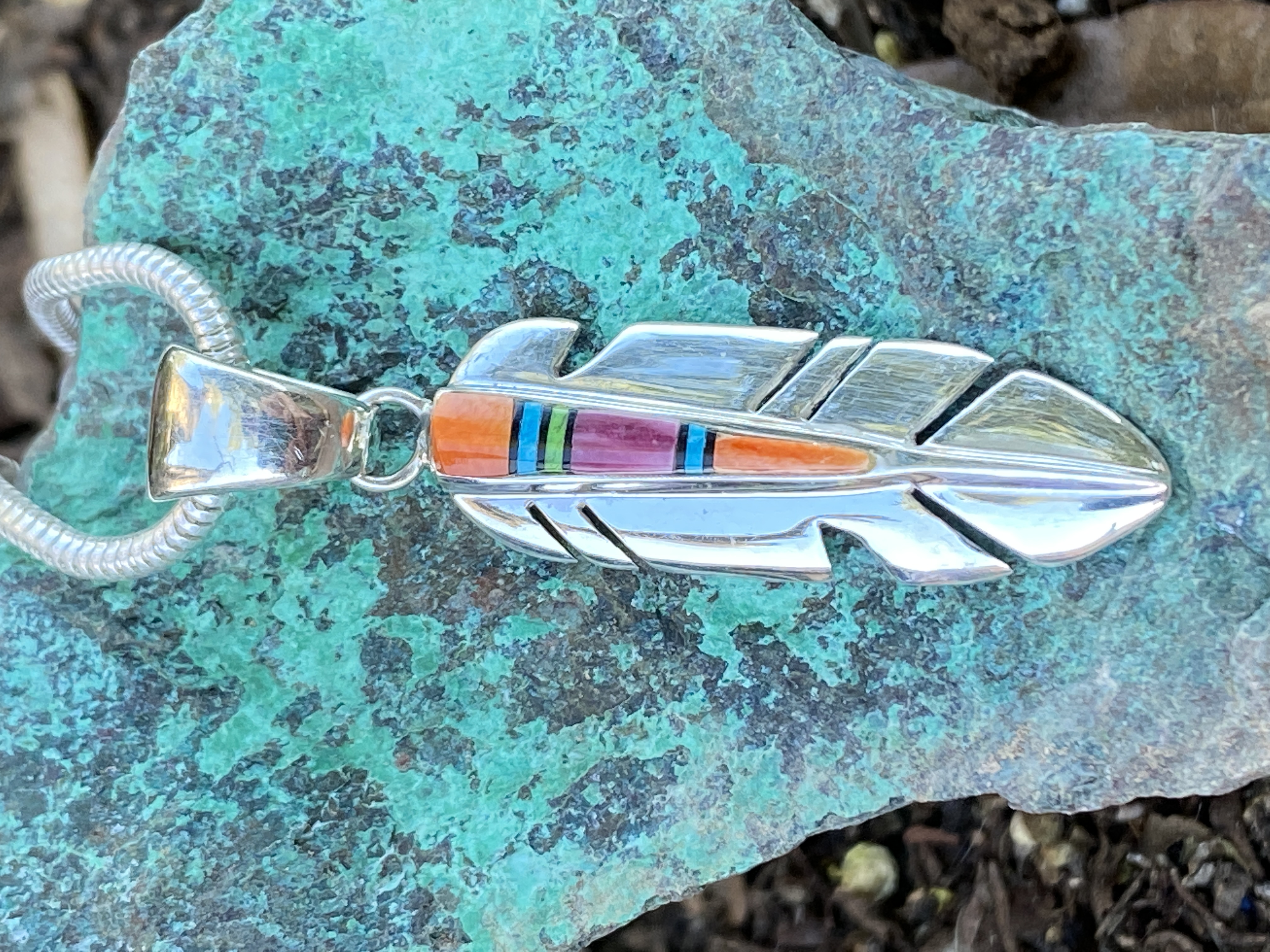 Rainbow Yei Feather Pendant & Sterling Silver Chain