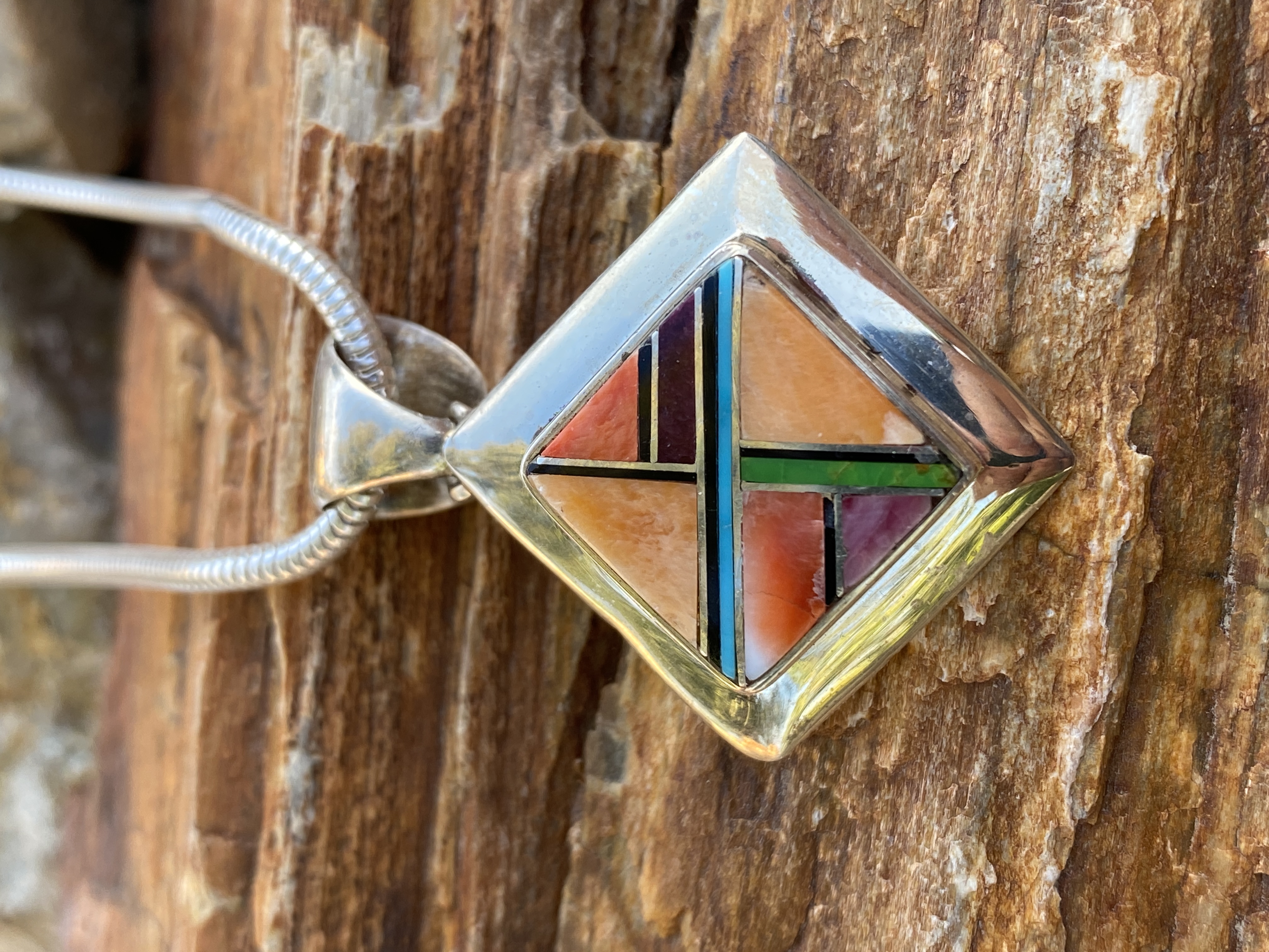 Rainbow Yei Square Pendant & Sterling Silver Chain
